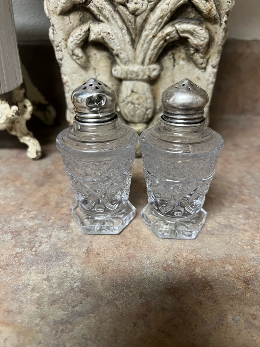 F.B. Rogers Silver Co. Hexagon Glass Salt & Pepper Shakers Sterling Silver Tops